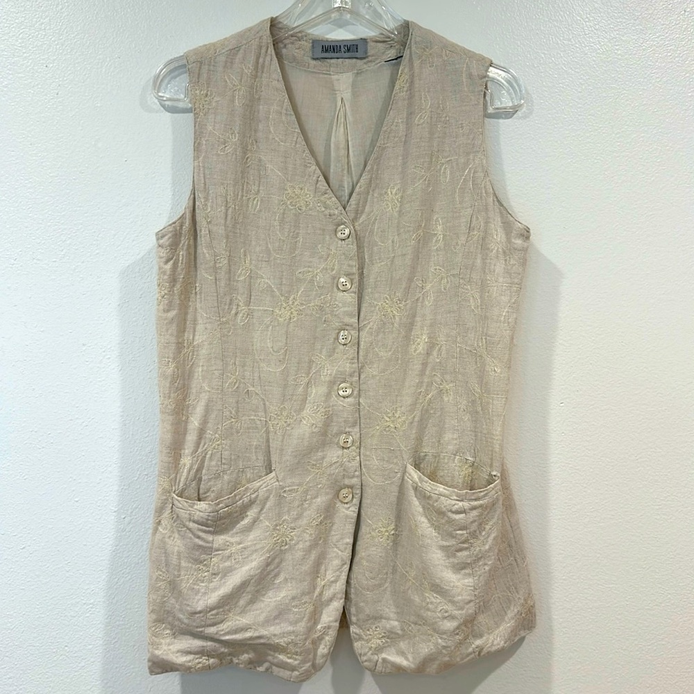 Amanda Smith Linen Floral Embroidery Vest Vintage Cream